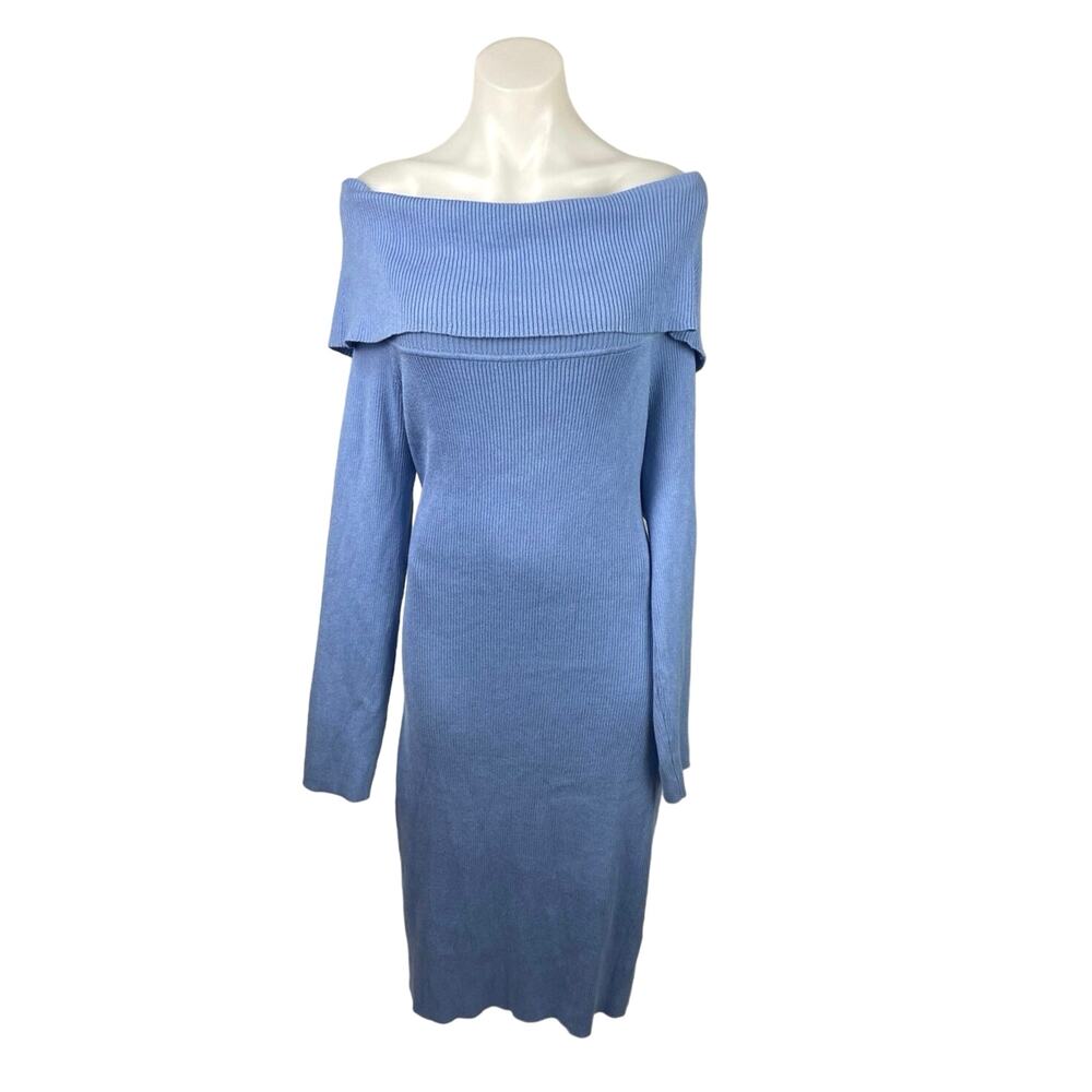 Almost Famous Blue Rib Knit Off Shoulder Long Sleeve Bodycon Sweater Dress Sz 3X - Picture 1 of 5